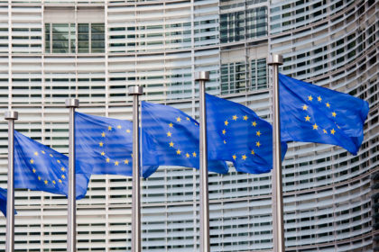 European flags in front of the Berlaymont building, headquarters of the European commission in Brussels.